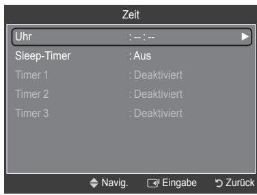 Zeit Uhr : -- : -- Sleep-Timer : Aus Timer 1 : Deaktiviert Timer 2 : Deaktiviert Timer 3 : Deaktiviert Navig. Eingabe Zurück