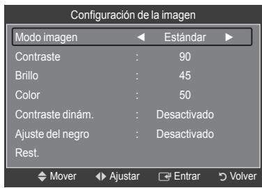 Configuración de la imagen Modo imagen ← Estándar ► Contraste : 90 Brillo : 45 Color : 50 Contraste dinám. : Desactivado Ajuste del negro : Desactivado Rest. Mover Ajustar Entrar Volver