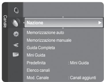 Nazione Memorizzazione auto Memorizzazione manuale Guida Completa Mini Guida Predefinita : Mini Guida Elenco canali Mod. Canale : Canali aggiunti