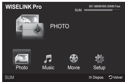 WISELINK Pro SUM 851.98MB/995.00MB Free PHOTO Photo Music Movie Setup SUM Dispos. Volver