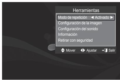Herramientas Modo de repetición ▶ Activado ▶ Configuración de la imagen Configuración del sonido Información Retirar con seguridad Mover ▶ Ajustar ▶ Salir