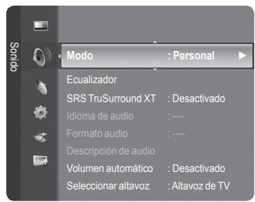 Soridio Modo : Personal Ecualizador SRS TruSurround XT : Desactivado Idioma de audio : ---- Formato audio : ---- Descripción de audio Volumen automático : Desactivado Seleccionar altavoz : Altavoz de TV