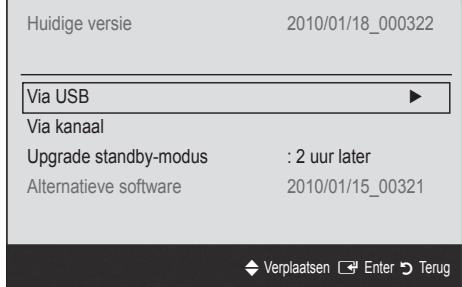Huidige versie 2010/01/18_000322 Via USB ► Via kanaal Upgrade standby-modus : 2 uur later Alternatieve software 2010/01/15_00321