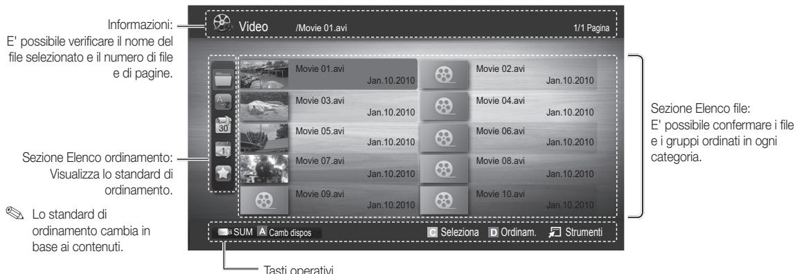 Informazioni: E' possibile verificare il nome del file selezionato e il numero di file e di pagine. Video /Movie 01.avi 1/1 Pagina Movie 01.avi Jan.10.2010 Movie 02.avi Jan.10.2010 Movie 03.avi Jan.10.2010 Movie 04.avi Jan.10.2010 Movie 05.avi Jan.10.2010 Movie 06.avi Jan.10.2010 Sezione Elenco ordinamento: Visualizza lo standard di ordinamento. Movie 07.avi Jan.10.2010 Movie 08.avi Jan.10.2010 Movie 09.avi Jan.10.2010 Movie 10.avi Jan.10.2010 Lo standard di ordinamento cambia in base ai contenuti. SUM Camb dispos Selezione Ordinam Strumenti Tasti operativi Sezione Elenco file: E' possibile confermare i file e i gruppi ordinati in ogni categoria.