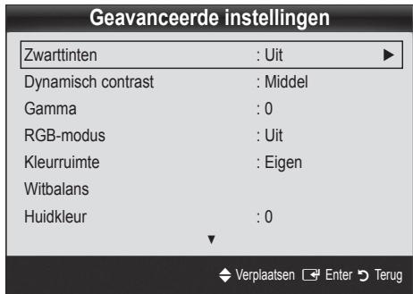 Geavanceerde instellingen Zwarttinten : Uit Dynamisch contrast : Middel Gamma : 0 RGB-modus : Uit Kleurruimte : Eigen Witbalans Huidkleur : 0 Verplaatsen Enter Terug