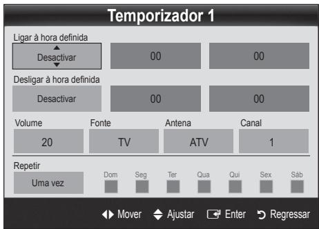 Temporizador 1 Ligar à hora definida Desactivar 00 00 Desligar à hora definida Desactivar 00 00 Volume 20 Fonte TV Antena ATV Canal 1 Repetir Uma vez Dom Seg Ter Qua Qui Sex Sáb Mover Ajustar Enter Regressar