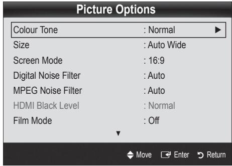 Picture Options Colour Tone : Normal ▶ Size : Auto Wide Screen Mode : 16:9 Digital Noise Filter : Auto MPEG Noise Filter : Auto HDMI Black Level : Normal Film Mode : Off Move Enter Return