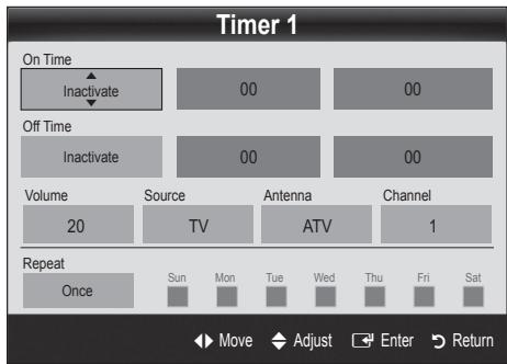 Timer 1 On Time Inactivate 00 00 Off Time Inactivate 00 00 Volume Source Antenna Channel 20 TV ATV 1 Repeat Once Sun Mon Tue Wed Thu Fri Sat Move Adjust Enter Return