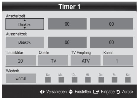 Timer 1 Anschaltzeit Deaktiv. 00 00 Ausschaltzeit Deaktiv. 00 00 Lautstärke 20 Quelle TV TV-Empfang ATV Kanal 1 Wiederh. Einmal So Mo. Di. Mi. Do. Fr. Sa Verschieben Einstellen Eingabe Zurück