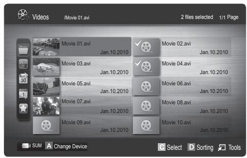 Videos /Movie 01.avi 2 files selected 1/1 Page Movie 01.avi Jan.10.2010 Movie 02.avi Jan.10.2010 Movie 03.avi Jan.10.2010 Movie 04.avi Jan.10.2010 Movie 05.avi Jan.10.2010 Movie 06.avi Jan.10.2010 Movie 07.avi Jan.10.2010 Movie 08.avi Jan.10.2010 Movie 09.avi Jan.10.2010 Movie 10.avi Jan.10.2010 SUM A Change Device Select D Sorting Tools