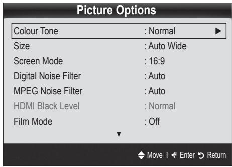 Picture Options Colour Tone : Normal ▶ Size : Auto Wide Screen Mode : 16:9 Digital Noise Filter : Auto MPEG Noise Filter : Auto HDMI Black Level : Normal Film Mode : Off Move Enter Return