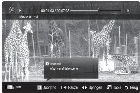 00:04:03 / 00:07:38 Movie 01.avi D Doorpnd Aisp. vanaf liste scène SUM D Doorpnd Pauze Springen Tools Terug