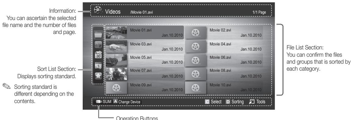 Information: You can ascertain the selected file name and the number of files and page. Sort List Section: Displays sorting standard. Sorting standard is different depending on the contents. Videos /Movie 01.avi 1/1 Page Movie 01.avi Jan.10.2010 Movie 02.avi Jan.10.2010 Movie 03.avi Jan.10.2010 Movie 04.avi Jan.10.2010 Movie 05.avi Jan.10.2010 Movie 06.avi Jan.10.2010 Movie 07.avi Jan.10.2010 Movie 08.avi Jan.10.2010 Movie 09.avi Jan.10.2010 Movie 10.avi Jan.10.2010 SUM Change Device Select Sorting Tools Operation Buttons File List Section: You can confirm the files and groups that is sorted by each category.