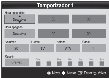 Temporizador 1 Hora encendido Desactivar 00 00 Hora apagado Desactivar 00 00 Volumen 20 Fuente TV Antena ATV Canal 1 Repetir Una vez Dom Lun Mar Mié Jue Vie Sáb Mover Ajustar Entrar Volver