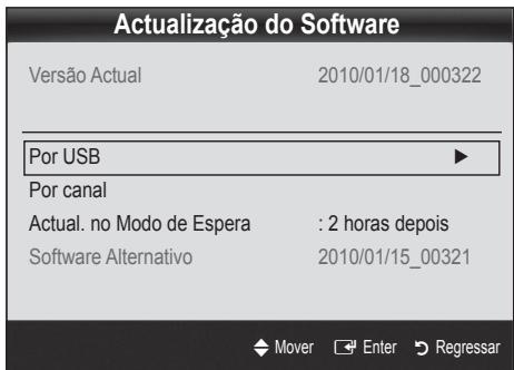 Actualização do Software Versão Actual 2010/01/18_000322 Por USB ▶ Por canal Actual. no Modo de Espera : 2 horas depois Software Alternativo 2010/01/15_00321