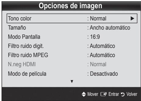 Opciones de imagen Tono color : Normal ▶ Tamaño : Ancho automático Modo Pantalla : 16:9 Filtro ruido digit. : Automático Filtro ruido MPEG : Automático N.neg HDMI : Normal Modo de película : Desactivado Mover Enrar Volver