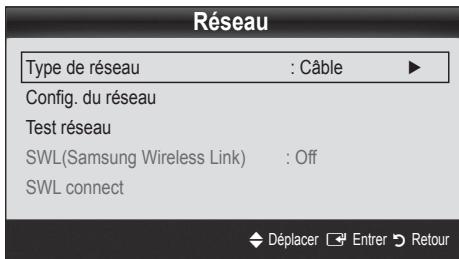 Réseau Type de réseau : Câble ▶ Config. du réseau Test réseau SWL(Samsung Wireless Link) : Off SWL connect Déplacer Entrer Retour