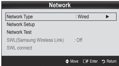 Network Network Type : Wired ▶ Network Setup Network Test SWL(Samsung Wireless Link) : Off SWL connect Move Enter Return