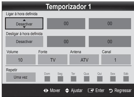Temporizador 1 Ligar à hora definida Desactivar 00 00 Desligar à hora definida Desactivar 00 00 Volume 10 Fonte TV Antena ATV Canal 1 Repetir Uma vez Dom Seg Ter Qua Qui Sex Sáb Mover Ajustar Enter Regressar
