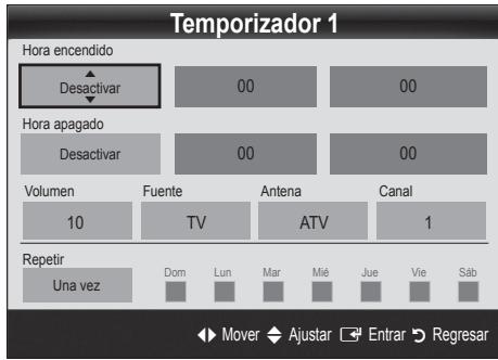 Temporizador 1 Hora encendido Desactivar 00 00 Hora apagado Desactivar 00 00 Volumen Fuente Antena Canal 10 TV ATV 1 Repetir Una vez Dom Lun Mar Mié Jue Vie Sáb Mover Ajustar Entrar Regresar