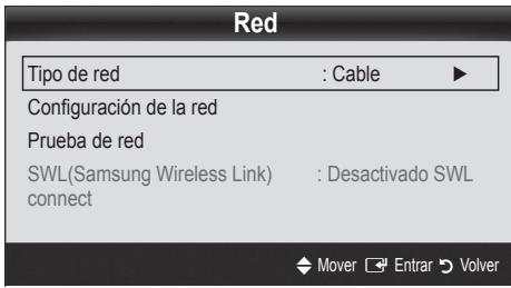 Red Tipo de red : Cable ► Configuración de la red Prueba de red SWL(Samsung Wireless Link) : Desactivado SWL connect Mover Entrar Volver