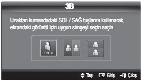 3B Uzaktan kumandadaki SOL / SAG tuşlarını kullanarak, ekrandaki görüntü için uygun simgeyi seçin.seçin. 2D→3D Taşı Giriş Çılış