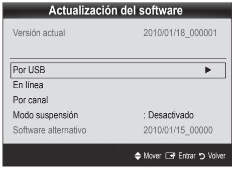 Actualización del software Versión actual 2010/01/18_000001 Por USB ▶ En línea Por canal Modo suspensión : Desactivado Software alternativo 2010/01/15_00000 Mover Entrar Volver