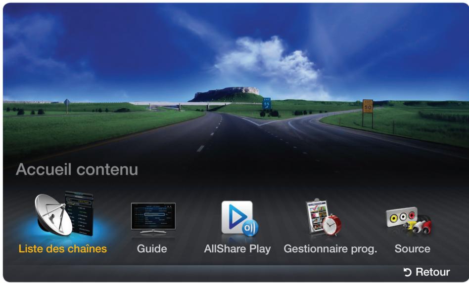 Accueil contenu Liste des chaînes Guide AllShare Play Gestionnaire prog. Source Retour