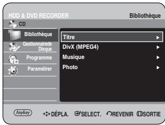 SAMSUNG DVD-HR734 - Appuyez sur les boutons ▲▼ pour sélectionner Bibliothèque, puis sur le bouton OK ou ▶. (si c'est un DivX qui est en cours de lecture, reportez-vous au point 4 de cette page.) - 1