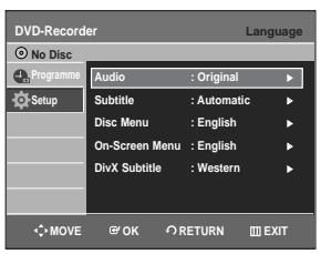 SAMSUNG DVD-R129 - Press the  buttons to select Language, then press the OK or  button. Language setup menu will be displayed. - 1