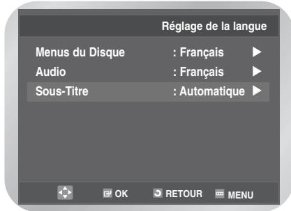 Réglage de la langue Menus du Disque : Français ▶ Audio : Français ▶ Sous-Titre : Automatique ▶