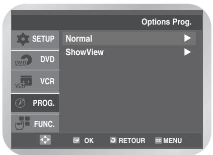 Options Prog. SETUP Normal ShowView DVD VCR PROG. FUNC. OK RETOUR MENU