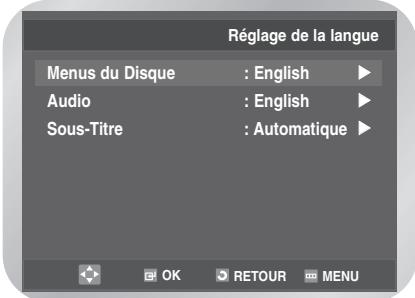 Réglage de la langue Menus du Disque : English ▶ Audio : English ▶ Sous-Titre : Automatique ▶