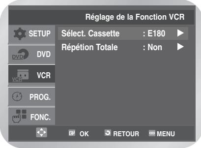 Réglage de la Fonction VCR SETUP Sélect. Cassette : E180 Répétion Totale : Non DVD VCR PROG. FONC. OK RETOUR MENU