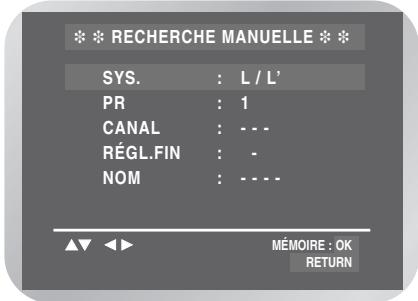 *** RECHERCHE MANUELLE *** SYS. : L / L' PR : 1 CANAL : --- RÉGL.FIN : - NOM : ---- MÉMOIRE : OK RETURN