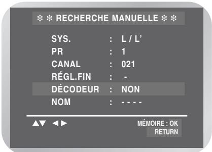 *** RECHERCHE MANUELLE *** SYS. : L / L' PR : 1 CANAL : 021 RÉGL.FIN : - DÉCODEUR : NON NOM : - - - - MÉMOIRE : OK RETURN
