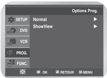 Options Prog. SETUP Normal ShowView DVD VCR PROG. FUNC. OK RETOUR MENU