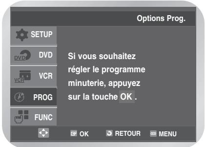 Options Prog. SETUP DVD VCR PROG FUNC Si vous souhaitez régler le programme minuterie, appuyez sur la touche OK . OK RETOUR MENU