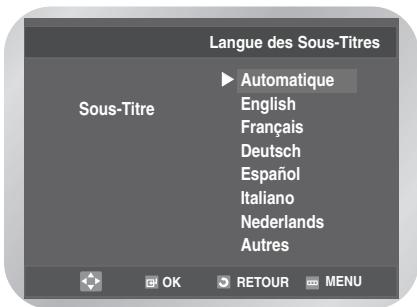 Langue des Sous-Titres Sous-Titre Automatique English Français Deutsch Español Italiano Nederlands Autres OK RETOUR MENU