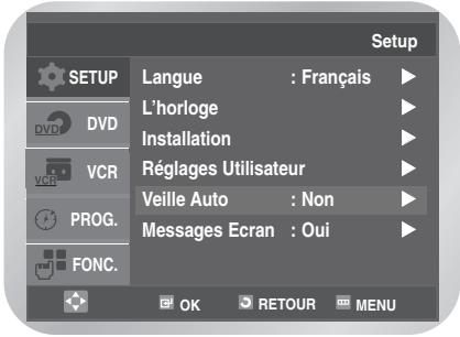 Setup LANGUE : Français L'horloge Installation Réglages Utilisateur Veille Auto : Non Messages Ecran : Oui FONC. OK RETOUR MENU