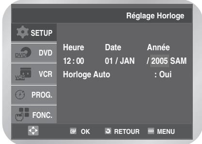 Réglage Horloge SETUP DVCD VCR PROG. FONC. Heure Date Année 12 : 00 01 / JAN / 2005 SAM Horloge Auto : Oui OK RETOUR MENU