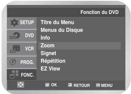 Fonction du DVD SETUP Titre du Menu DVD Menus du Disque Info VCR Zoom Signet PROG. Répétition EZ View FONC. OK RETOUR MENU