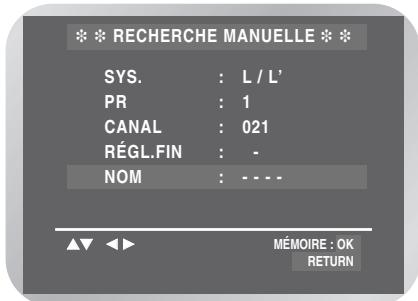 RECHERCHE MANUELLE SYS. : L / L' PR : 1 CANAL : 021 RÉGL.FIN : - NOM : - - - - MÉMOIRE : OK RETURN
