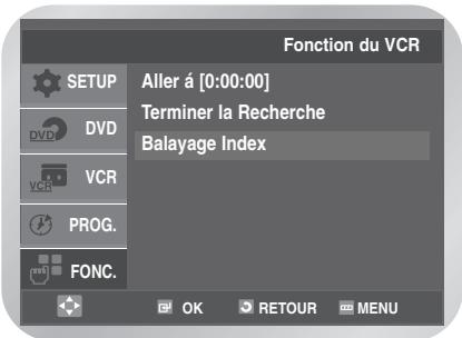 Fonction du VCR SETUP Aller á [0:00:00] Terminer la Recherche Balayage Index DVD VCR PROG. FONC. OK RETOUR MENU
