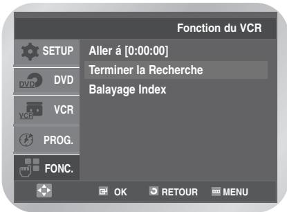 Fonction du VCR SETUP Aller á [0:00:00] Terminer la Recherche Balayage Index DVD VCR PROG. FONC. OK RETOUR MENU