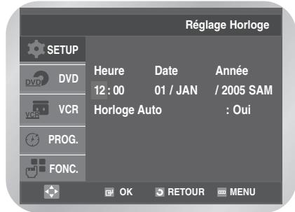 Réglage Horloge SETUP DV VCR PROG. FONC. Heure Date Année 12 : 00 01 / JAN / 2005 SAM Horloge Auto : Oui OK RETOUR MENU