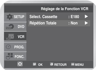 Réglage de la Fonction VCR SETUP Sélect. Cassette : E180 Répétion Totale : Non DVD VCR PROG. FONC. OK RETOUR MENU