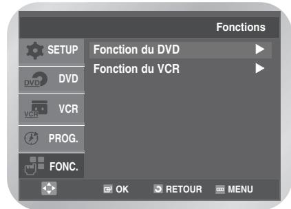 Fonctions SETUP DVCD VCR PROG. FONC. Fonction du DVD Fonction du VCR OK RETOUR MENU