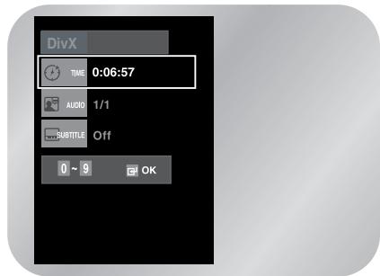 DivX TIME 0:06:57 AUDIO 1/1 SUBTITLE Off 0 ~ 9 OK