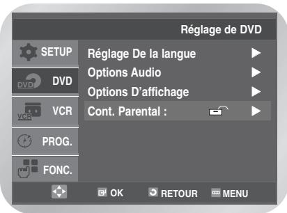 Réglage de DVD SETUP DVD VCR PROG. FONC. Réglage De la langue Options Audio Options D'affichage Cont. Parental : OK RETOUR MENU